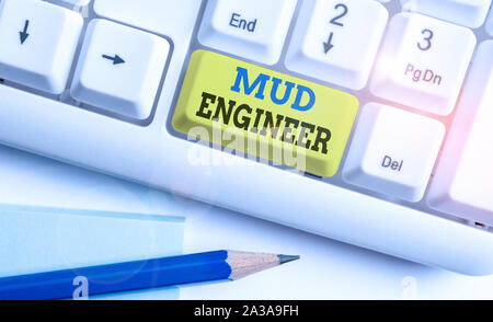 Word writing text Mud Engineer. Business photo showcasing liable for making mixture of fluids used in drilling process White pc keyboard with empty no Stock Photo
