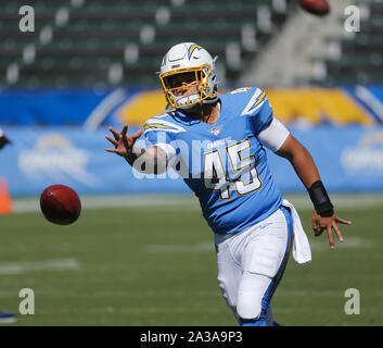 Los Angeles, California, USA. 6th Oct, 2019. Los Angeles Chargers long snapper Cole Mazza (45) warms up prior to an NFL football game between Los Angeles Chargers and Denver Broncos, Sunday, Oct. 6, 2019, in Carson, Calif. Credit: Ringo Chiu/ZUMA Wire/Alamy Live News Stock Photo