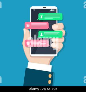 Text messaging in phone hand Stock Vector