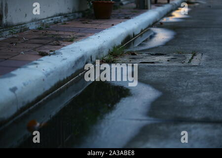 water puddle on the street. poor drainage system left water near catch basin drain inlet on a concrete road. narrow concrete blocks footpath too small Stock Photo