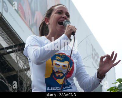 Venezuelan Opposition Leader Maria Corina Machado giving a speech during the sit-in in April 2017 against Nicolas Maduro government Stock Photo