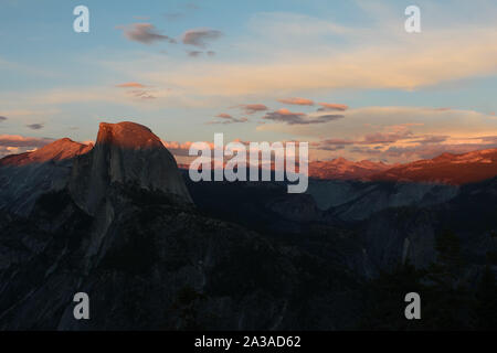 Landscape view of Half Dome, Liberty Cap, Little Yosemite Valley, Vernal Fall and Nevada Fall from Glacier Point, Yosemite National Park, California, Stock Photo