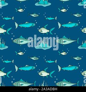 Fish vector pattern seamless on ocean blue background. Stock Vector