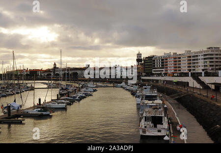 Ponta Delgada, São Miguel, Azores, Portugal - September 14, 2019: View of harbor at Ponta Delgada, capital city of the Azores at Sao Miguel Island at Stock Photo