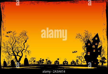 Halloween night. Pumpkins, castle, tree silhouettes, grass, scarecrow, cemetery on a sunset background. Halloween background. Stock Vector