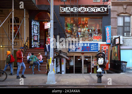Search & Destroy, KENKA, 25 St. Marks Place, New York, NY. exterior storefront of a punk fashion shop, and an izakaya in the East Village of Manhattan Stock Photo