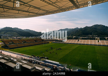 A view of the Kamaishi Unosumai Memorial Stadium canopy during a media tour in Iwate, Japan on August 18, 2019. Credit: Stephan Jarvis/AFLO/Alamy Live News Stock Photo