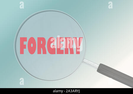 FORGERY sign concept illustration with a magnifying glass on pale green gradient Stock Photo