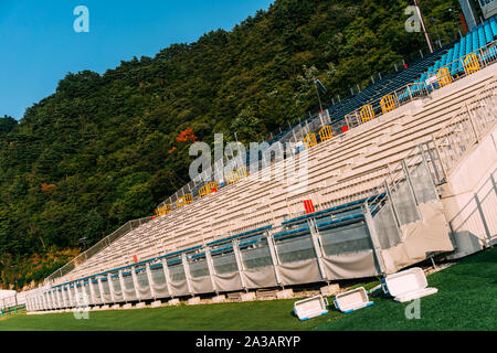 A view of the Kamaishi Unosumai Memorial Stadium stands during a media tour in Iwate, Japan on August 18, 2019. Credit: Stephan Jarvis/AFLO/Alamy Live News Stock Photo