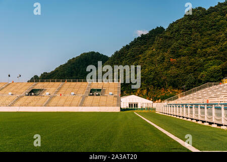 A view of the Kamaishi Unosumai Memorial Stadium stands during a media tour in Iwate, Japan on August 18, 2019. Credit: Stephan Jarvis/AFLO/Alamy Live News Stock Photo