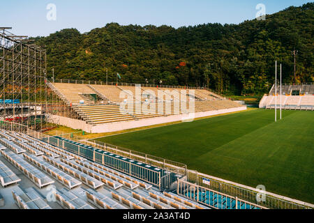 A view of the Kamaishi Unosumai Memorial Stadium stands during a media tour in Iwate, Japan on August 18, 2019. Credit: Stephan Jarvis/AFLO/Alamy Live News Stock Photo