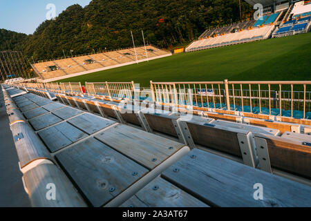 Repurposed wooden seats at Kamaishi Unosumai Memorial Stadium during a media tour in Iwate, Japan on August 18, 2019. Credit: Stephan Jarvis/AFLO/Alamy Live News Stock Photo