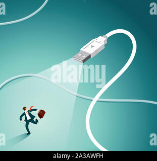 Businessman in spotlight running away from USB plug Stock Photo