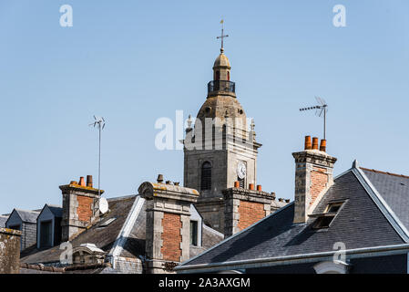 Cityscape of the old town of Vannes with old slate roofs and church tower. Brittany, France Stock Photo