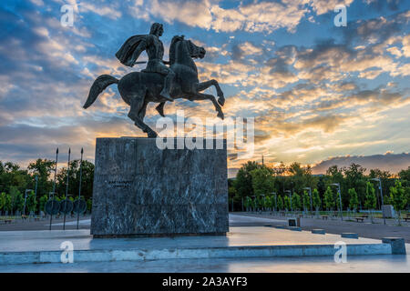 Statue of Alexander the Great at sunrise in Thessaloniki, Greece Stock Photo