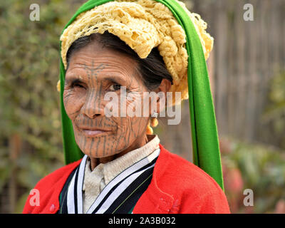 Elderly, one-eyed Chin Muun tribal woman ('spider woman') with traditional facial tattoo and lived-in face poses for the camera. Stock Photo