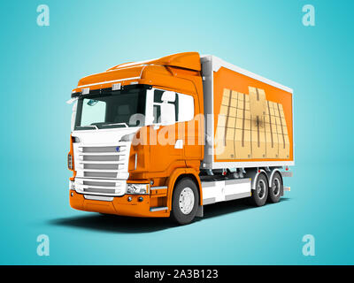 Modern orange truck with an orange trailer with white inserts for carrying cargo 3D render on blue background with shadow Stock Photo