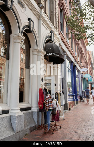 Portland, Maine - September 26th, 2019:  Commercial stores and restaurants in historic Old Port district of Portland, Maine. Stock Photo
