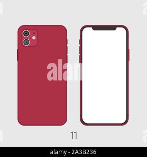 Newly released Red Smartphone 11, frond and back sides isolated on gray. Stock Vector