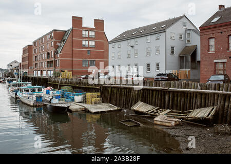 Portland, Maine - September 26th, 2019: Commercial fishing wharf in the Old Port Harbor district of Portland, Maine. Stock Photo