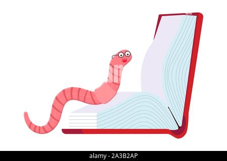 Cartoon style earthworm with book and glasses vector illustration isolated on white background. Funny worm with glasses read a book. Stock Vector