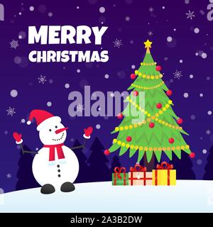 The snowman with hat, gloves, christmas tree fir and present gifts with falling snow flat style design vector illustration. Merry christmas and happy Stock Vector