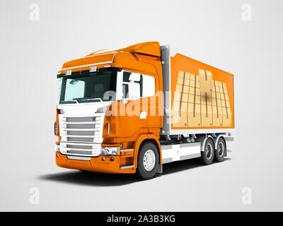 Modern orange truck with an orange trailer with white inserts for carrying cargo 3D render on gray background with shadow Stock Photo