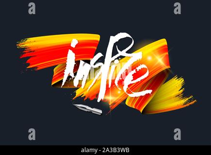 Grunge style white ink lettering vector illustration. Flamboyant orange acrylic brush stroke isolated on black background. Colorful abstract paint smear and realistic fountain pen nib with lettering Stock Vector
