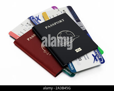 Black and red passports and airplane tickets. 3D illustration. Stock Photo