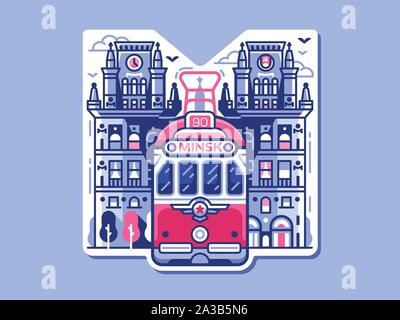 Minsk City Gates and Retro Tram Sticker Stock Vector