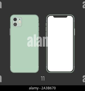 Newly released Green Smartphone 11, frond and back sides isolated on gray. Stock Vector