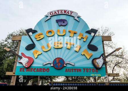 Sign above one of many small, and in some cases roadside, eateries in South Austin, a vibrant neighborhood below downtown Austin, Texas Stock Photo