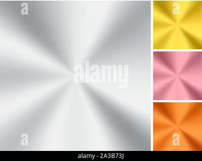 Set of golden, silver, pink gold and copper radial gradient metallic isolated on white background. Realistic metal foil. Vector illustration Stock Vector