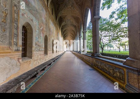 Decorated walls in the corridor of cloister of the Clarisses in Santa Chiara Monastery, Naples, Campania, Italy. Stock Photo