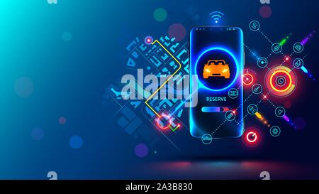Carsharing service concept. App of Phone of order taxi. Car of online cab on map city. Internet search nearby vehicles for rent. Phone shows location Stock Vector