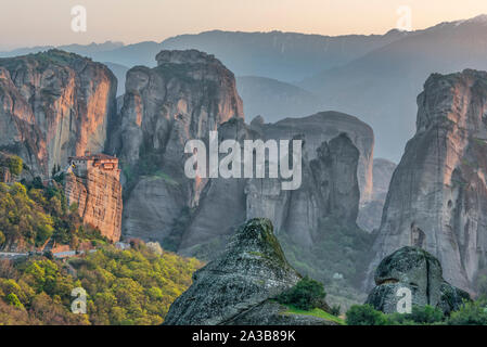 Landscape in Meteora with Roussanou Monastery on a rock Stock Photo