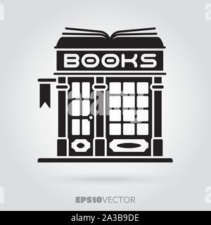 Bookstore glyph icon. Cute little fashion book store symbol. Solid black EPS 10 vector antiquarian shop building. Stock Vector