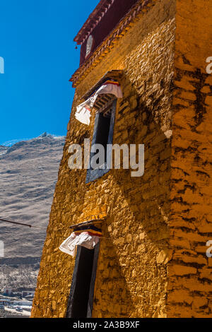 The Ganden Monastery is a Buddhist monastery on Wangbur Mountain in Tibet.  Founded in 1409 A.D. but mostly destroyed in 1959 by the Chinese army. Stock Photo