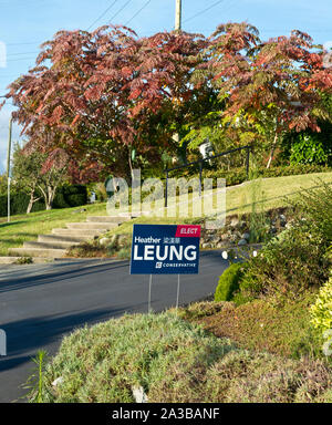 Burnaby, BC: Oct 5, 2019:  A campaign sign for Heather Leung as a candidate for the Conservative party in the Canadian federal election. See note. Stock Photo