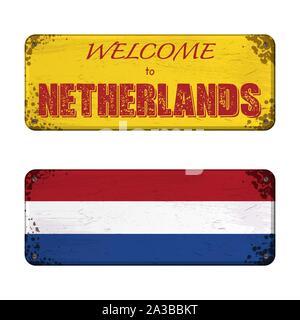 Two nameplates with grunge Netherland flag and text Stock Vector