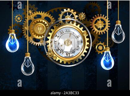 Antique, broken clock in the steampunk style with gold and brass gears on dark, blue, textured background with electric vintage bulbs.