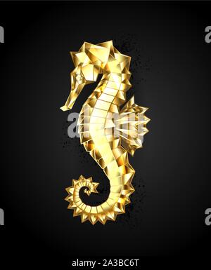 Artistic, polygonal, seahorse of sparkling, gold foil on black background. Stock Vector