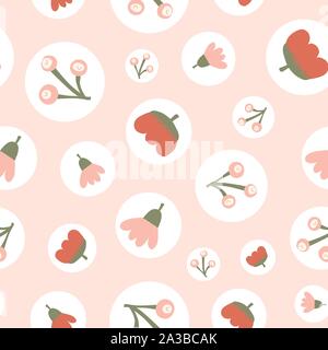 Scattered floral elements in polka dots seamless vector background. Abstract nature pattern. Repeating texture leaves, flowers, berry. Seasonal Stock Vector