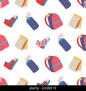 Retro flat seamless pattern with backpack, spray paint, lunch and shoes. Hand drawing education collection. Cartoon style. Vector doodle print design. Stock Vector