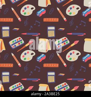 Seamless pattern back to school on brown background. Brush, paint, lunch sharpener etc graphic elements. Modern wallpaper education backgdrop design. Cartoon style. Vector hand drawn illustration. Stock Vector