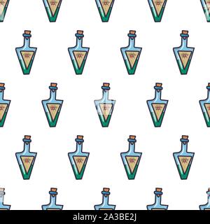 Vintage seamless pattern with triangle poison bottle for wallpaper design, fabric, wrapping paper. Halloween party. Hand drawn vector doodle chemistry. Stock Vector