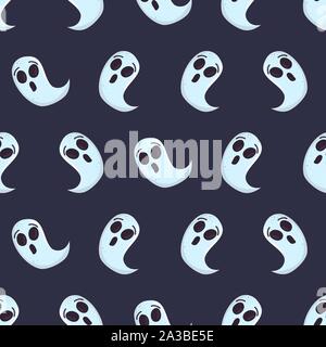 Cartoon ghost character on blue backdrop. Halloween seamless pattern for fabric, wallpaper, wrapping paper. Vector design. Stock Vector