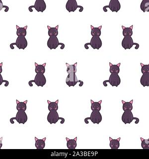 Doodle cartoon style spooky black cat seamless pattern. Happy halloween party. Textile print design. Creepy cute vector illustration. Stock Vector