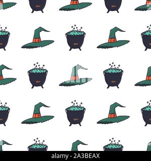 Green witch hat and cauldron seamless pattern on white background. Spooky halloween wallpaper. Autumn holiday horror backdrop. Magic cauldron. Vector illustration. Stock Vector