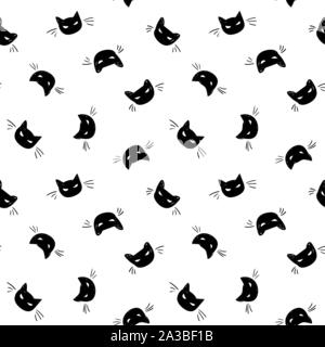 Seamless vector day of the dead black cat pattern with hand drawn spooky cat. Funny and happy design for your perfect party. Stock Vector